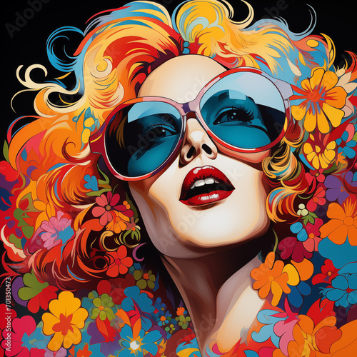 Modern pop art portrait of a woman in sunglasses and flowers