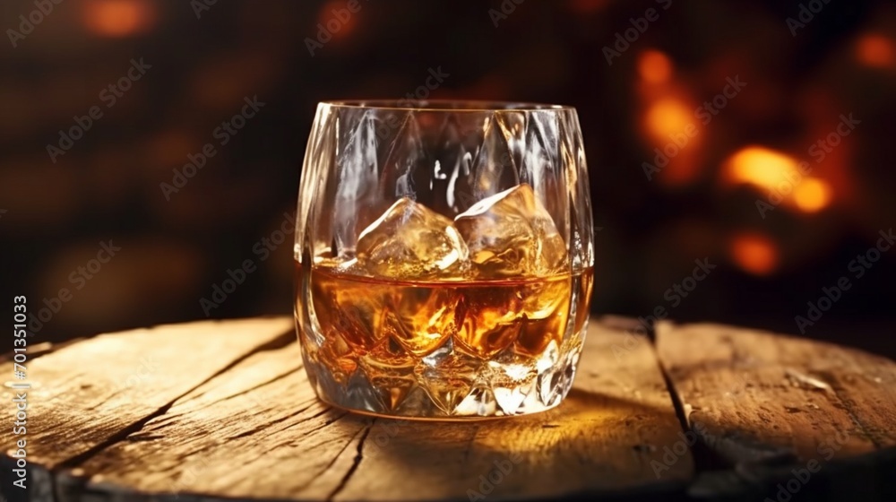 Glass of whisky with ice on old wooden barrel.Generative AI Glass of whisky with ice on old wooden barrel.Generative AI
