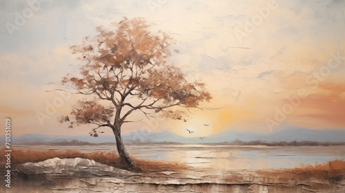 Oil painting landscape with tree and sun in fog