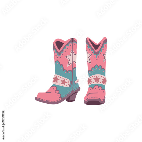 Wild west cowgirl boots with stars, vector pink leather shoes retro vintage style, western footwear, rodeo accessory