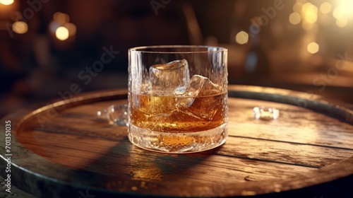 Glass of whisky with ice on old wooden barrel.Generative AI