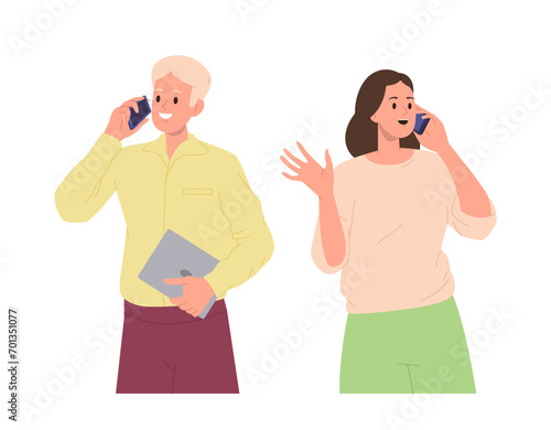 Man woman cartoon character talking phone having business call or nice conversation with relatives
