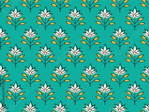 SPRIG FLORAL WITH BORDER AJRAKH PATTERN AND BLOCK PRINT PATTERN BATIK PRINT BACKGROUND DIGITAL PRINTING TEXTILE PATTERN