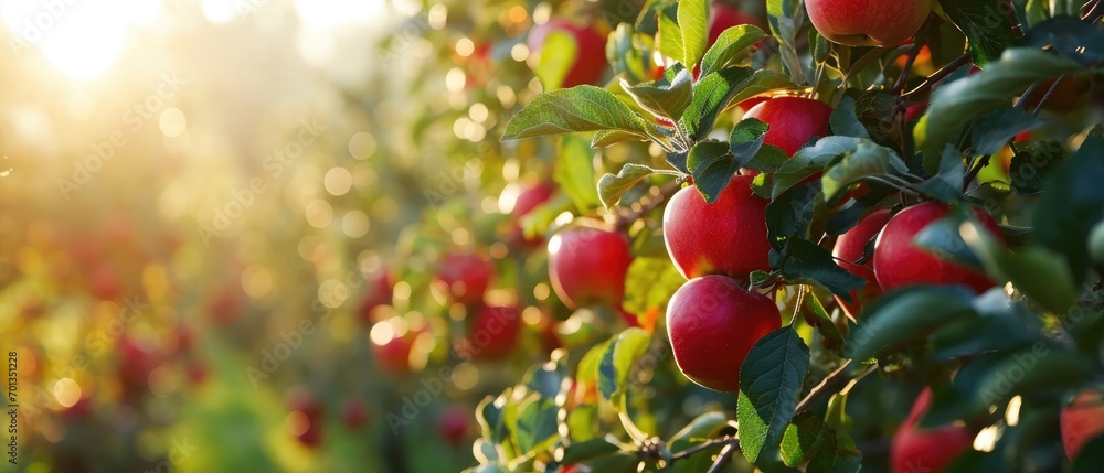 Fresh organic red apples ripe growing on branches with green leaves in sunny fruiting garden