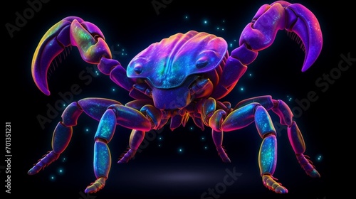 Glowing neon rainbow scorpion with pointy sharp tail.Generative AI © minatidesign