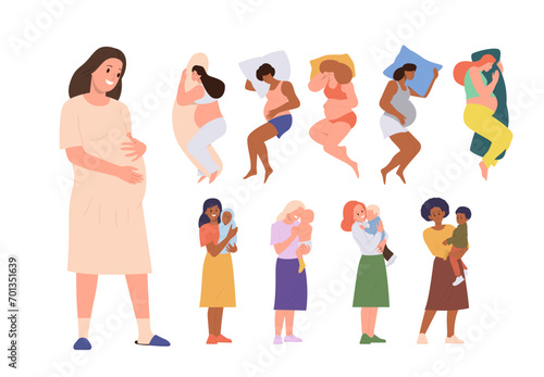 Pregnant woman and mother with kids cartoon female characters big set isolated on white background