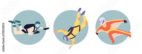 People cartoon characters enjoying free style jumping, skydiving with closed parachute or wingsuit