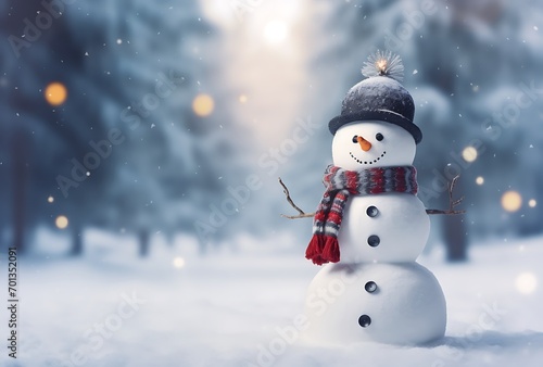 Snowman in winter forest. Christmas and New Year holidays background.