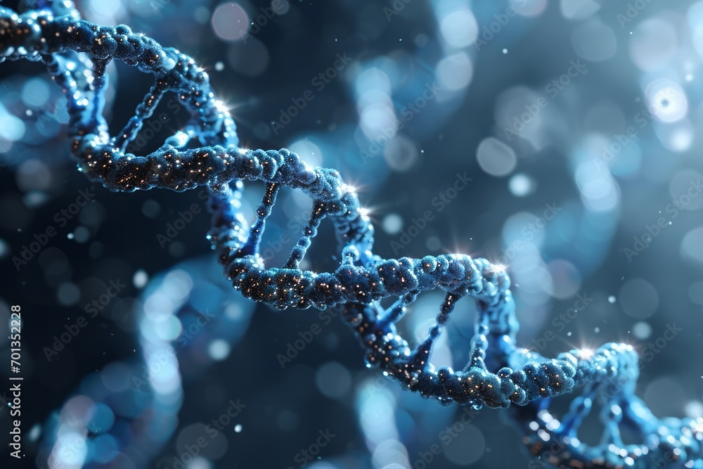 DNA strand spiral molecule, abstract microscopic scientific background design as biology, heredity, science, life, evolution concept blue colored. 