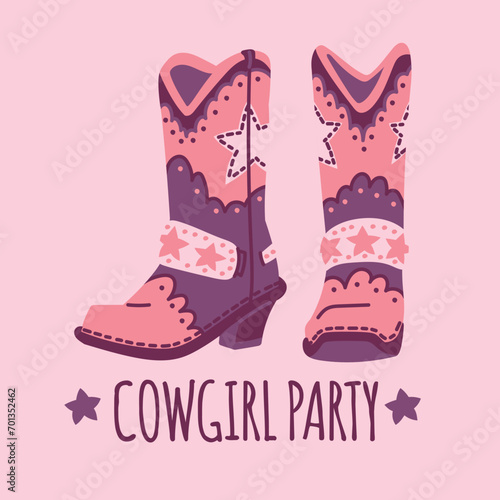 Wild west cowgirl boots with stars, pink leather shoes vintage style retro western footwear, Cowgirl party vector poster