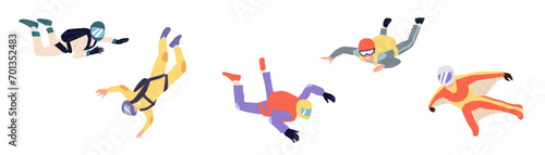 Fearless skydivers cartoon characters free fall extreme sport activity vector illustration set