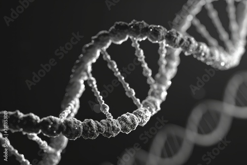 DNA strand spiral molecule, abstract microscopic scientific background design as biology, heredity, science, life, evolution concept in black and white.