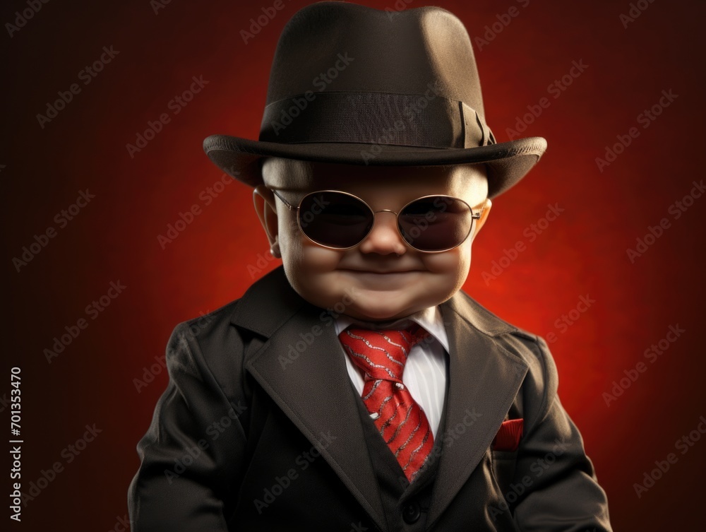 Funny smiling baby as mafia boss