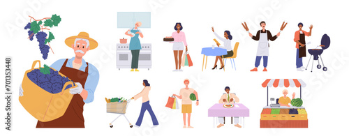 Different people cartoon characters with food set, man and woman cooking, selling, buying products