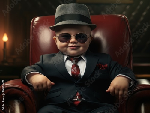 Funny smiling baby as mafia boss