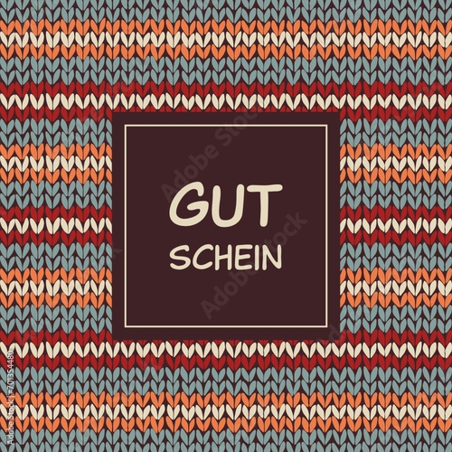Gutschein - Schriftzug in deutscher Sprache. Quadratische Gutscheinkarte mit gestricktem Hintergrund.
