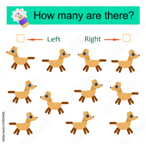 Left or Right. Educational game for kids. Count how many cartoon animals are turned left and how many are turned right.