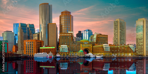 Boston Harbor and Financial District Skyline Panorama in Massachusetts, USA