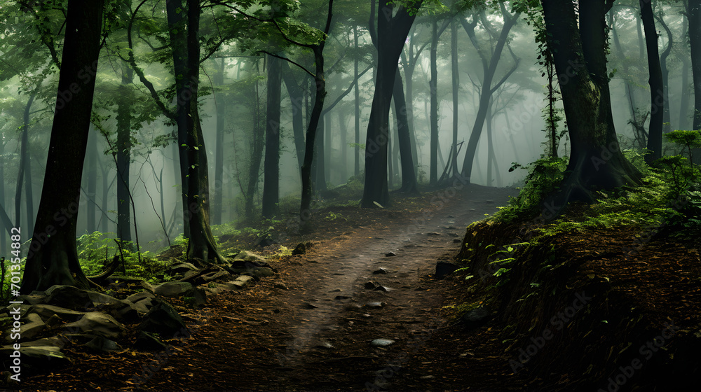 misty path in foggy forest