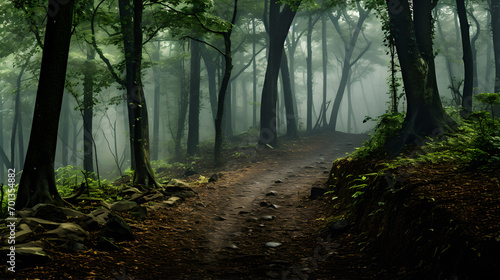 misty path in foggy forest