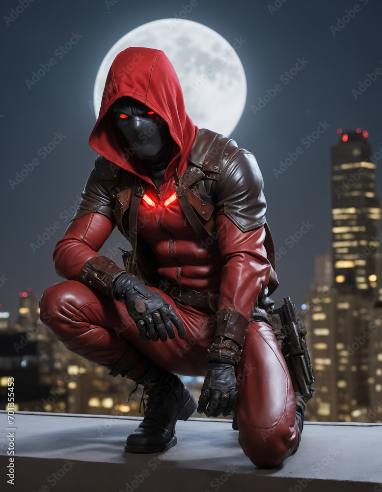 A redhood with glowing eyes crouching low on a moonlit rooftop brown gun leather A redhood with glowing eyes crouching low on a moonlit rooftop brown gun leather