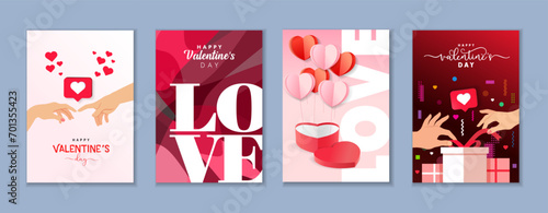 Creative Valentines Day greeting cards set. Happy Valentine's Day posters, couple hands, gifts, memphis style symbols, love sign and typography. Vector illustration
