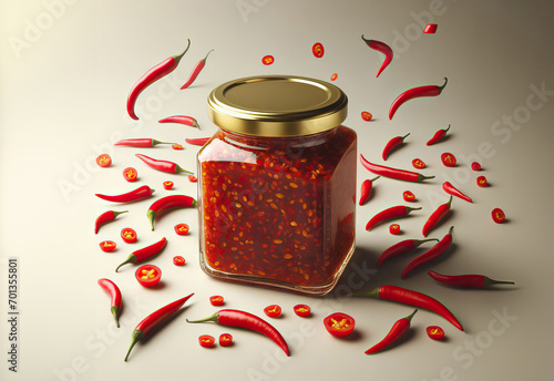 mockup of glass jar pes chillies sambal on wooden table, decorative with flying chillies