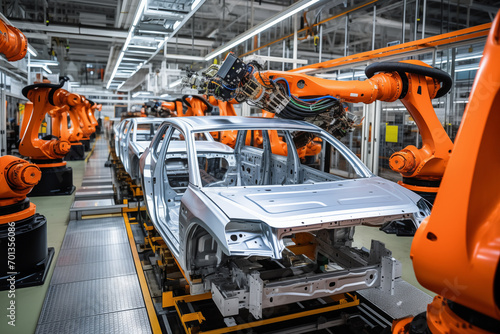 Car factory conveyor belt assemblance line production with robots and artificial intelligence