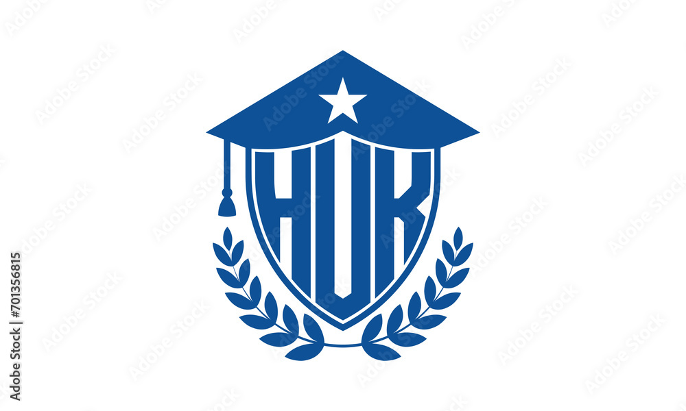 HUK three letter iconic academic logo design vector template. monogram, abstract, school, college, university, graduation cap symbol logo, shield, model, institute, educational, coaching canter, tech - obrazy, fototapety, plakaty 