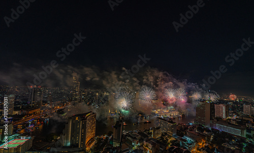 Countdown fireworks for the 2024 New Year festival In the middle of the Chao Phraya River in front of ICONSIAM, Bangkok