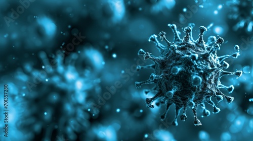 viruses close up microscopic blue illustration. selective focus on one virus cell among many germs. biology, medicine, science, research, healthcare, infection concept background. © JerreMaier