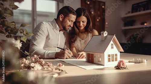 A married couple is considering documents for a mortgage loan photo