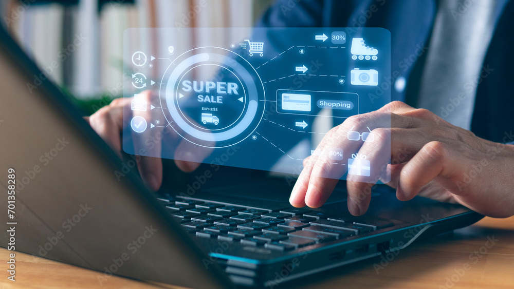 Person using laptop shopping online at home, virtual screen for sale products and fast delivery. Person using laptop shopping online at home, virtual screen for sale products and fast delivery.