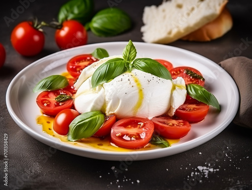 Plate with tasty Burrata cheese with tomatoes and basil on black table background.