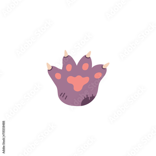 Dog or cat fluffy paw with sharp claws and feet toes, cute animal footprint, pads on the pet furry paw vector sticker
