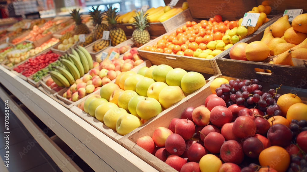 Shelf with fruits on food market display