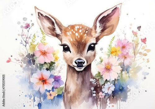 Flower cute illustration girl watercolor animal drawing floral forest design nature wild background art