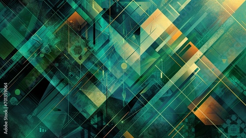 An abstract geometric pattern featuring emerald green shapes and lines, providing a contemporary and visually striking backdrop for digital and print designs. [Emerald background f