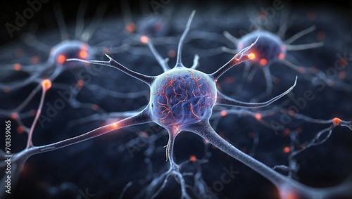 Close-up view of a neuron cell with detailed structures and connection points. photo