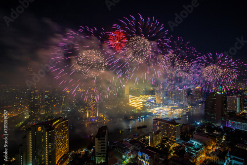 Countdown fireworks for the 2024 New Year festival In the middle of the Chao Phraya River in front of ICONSIAM, Bangkok