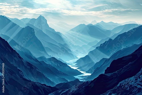 A mountainous landscape in the light blue sky style