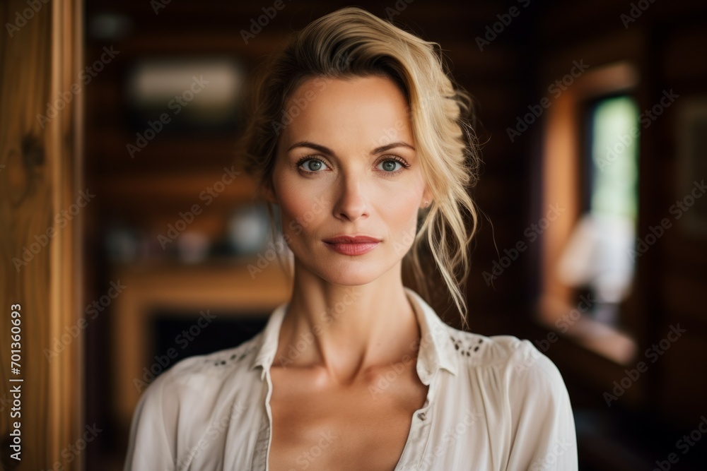 Happy attractive blonde woman in white silky bathrobe posing at white bathroom, smiling at camera, closeup portrait, Happy attractive blonde woman in white silky bathrobe posing at white bathroom, smiling at camera, closeup portrait,
