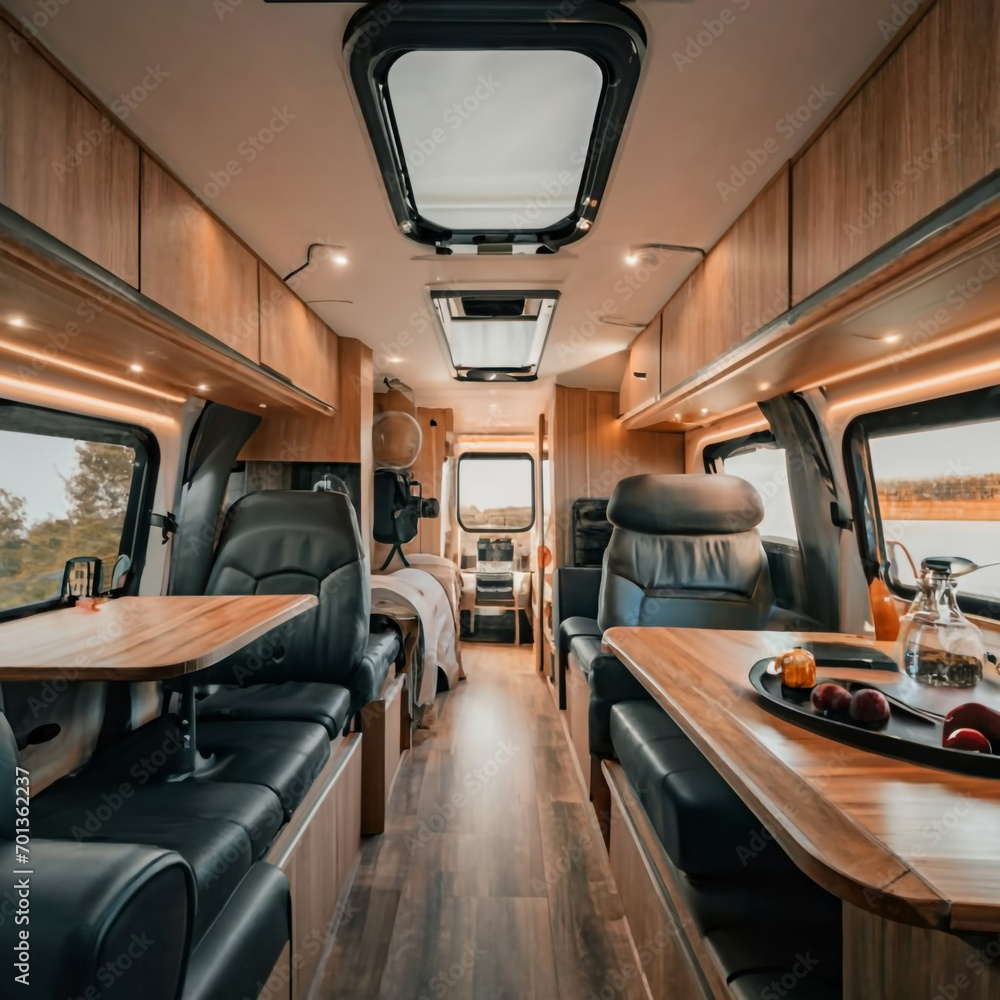 Vehicle recreational interior in wooden view of motorhome modern camper rv van