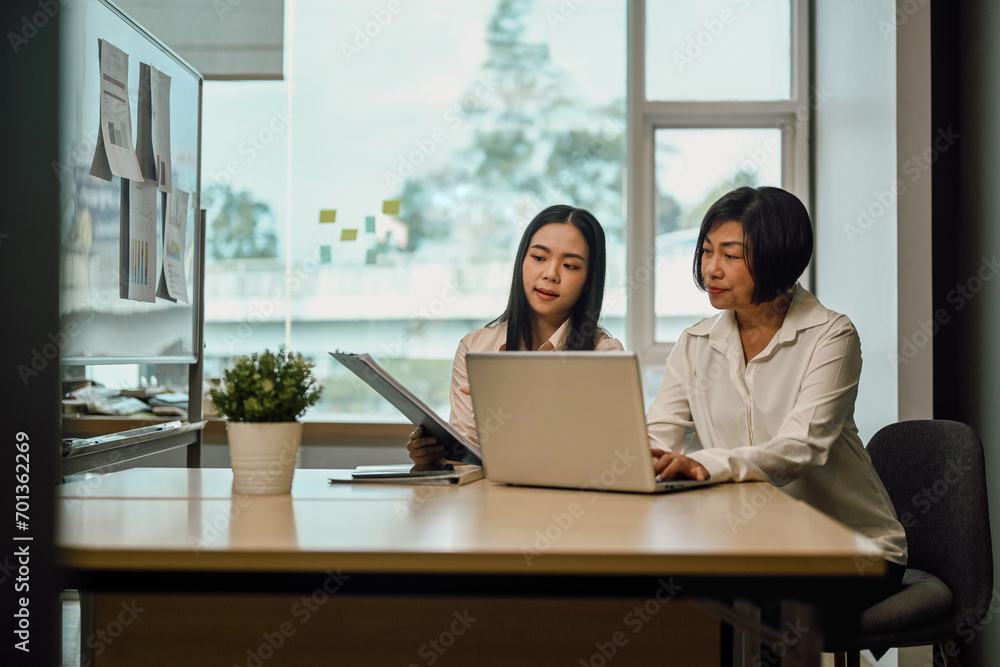 Professional mature business woman explaining work tasks to young female colleague at office. Professional mature business woman explaining work tasks to young female colleague at office.