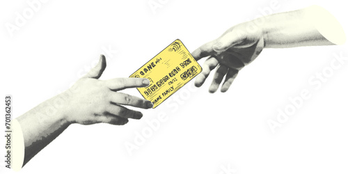Collage with halftone-style hand statue. Minimalist cash savings metaphor concept finance-themed. Idea for banner composition with coins, bank card. Cutouts magazine. Vector illustration