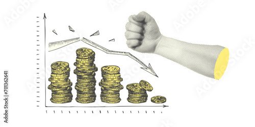 Collage with halftone-style hand statue. Minimalist finance-themed money crisis metaphor concept. Idea for banner composition with banknotes, and scissors. Cutouts magazine. Vector illustration
