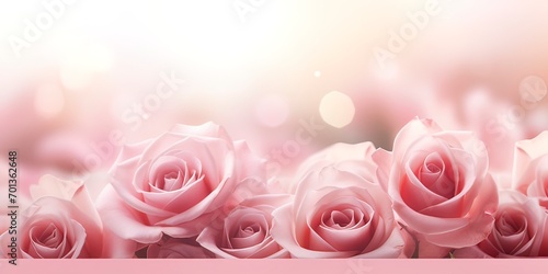 Horizontal banner with rose of pink color on blurred background. Copy space for text. Mock up template 