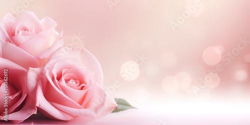 Horizontal banner with rose of pink color on blurred background. Copy space for text. Mock up template  photo