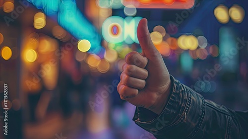 Hipster man showing thumbs up on bokeh background photo