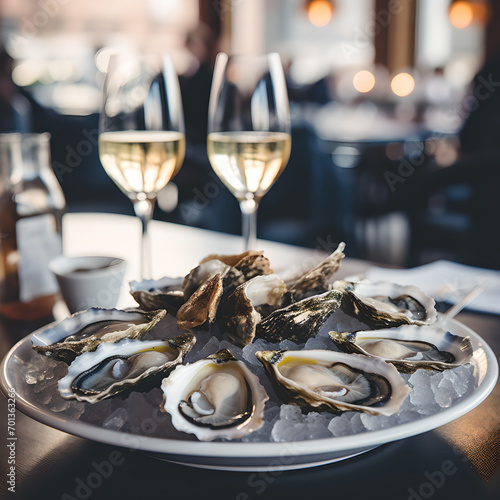 fresh oysters and wine - oyster plate served in a nobel restaurant with wine  photo